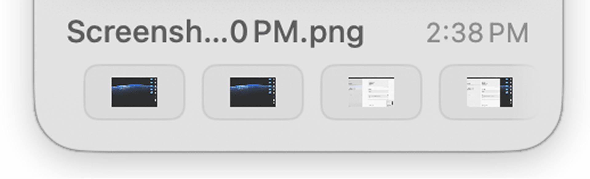 CommandShot strip showing recent Mac screenshots ready to reopen after capture.